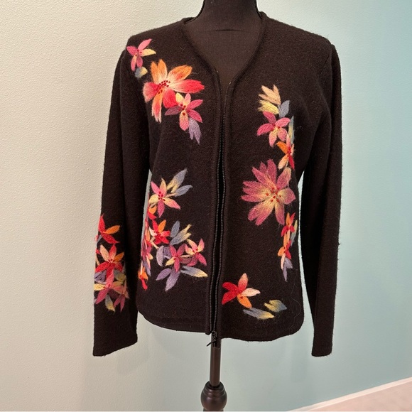 Talbots Sweaters - Talbots wool zip cardigan with embroidered floral detail